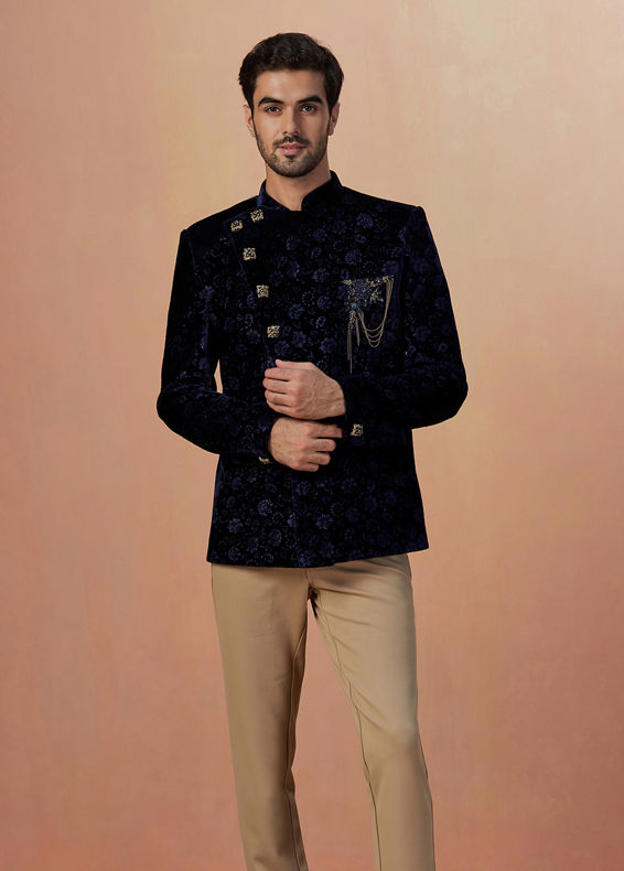 Manyavar Men Blue Floral Bandhgala Indo Western