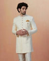 alt message - Manyavar Men Sea Shell White Self Design Indo Western image number 1