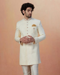 Manyavar Men Sea Shell White Self Design Indo Western