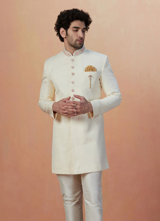 alt message - Manyavar Men Sea Shell White Self Design Indo Western image number 1