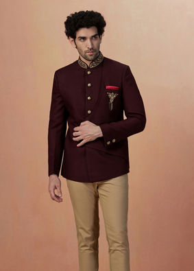 alt message - Manyavar Men Maroon Self Design Bandhagala Indo Western image number 1