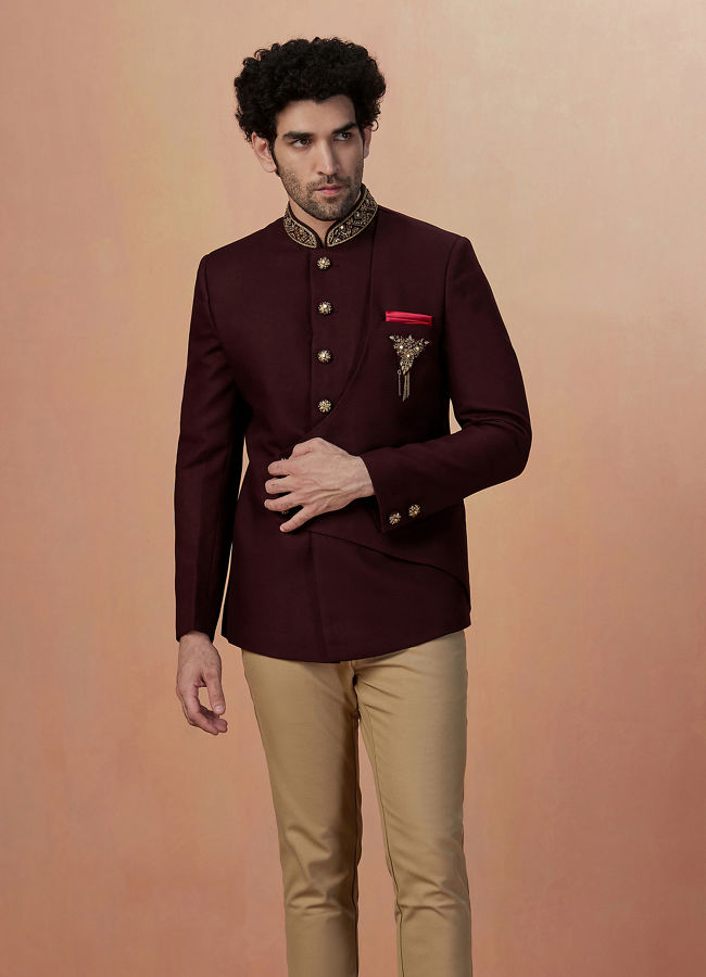 Manyavar Men Wine Self Design Bandhagala Indo Western