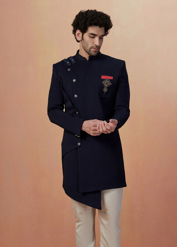 Manyavar Men Dark Blue Achkan Indo Western