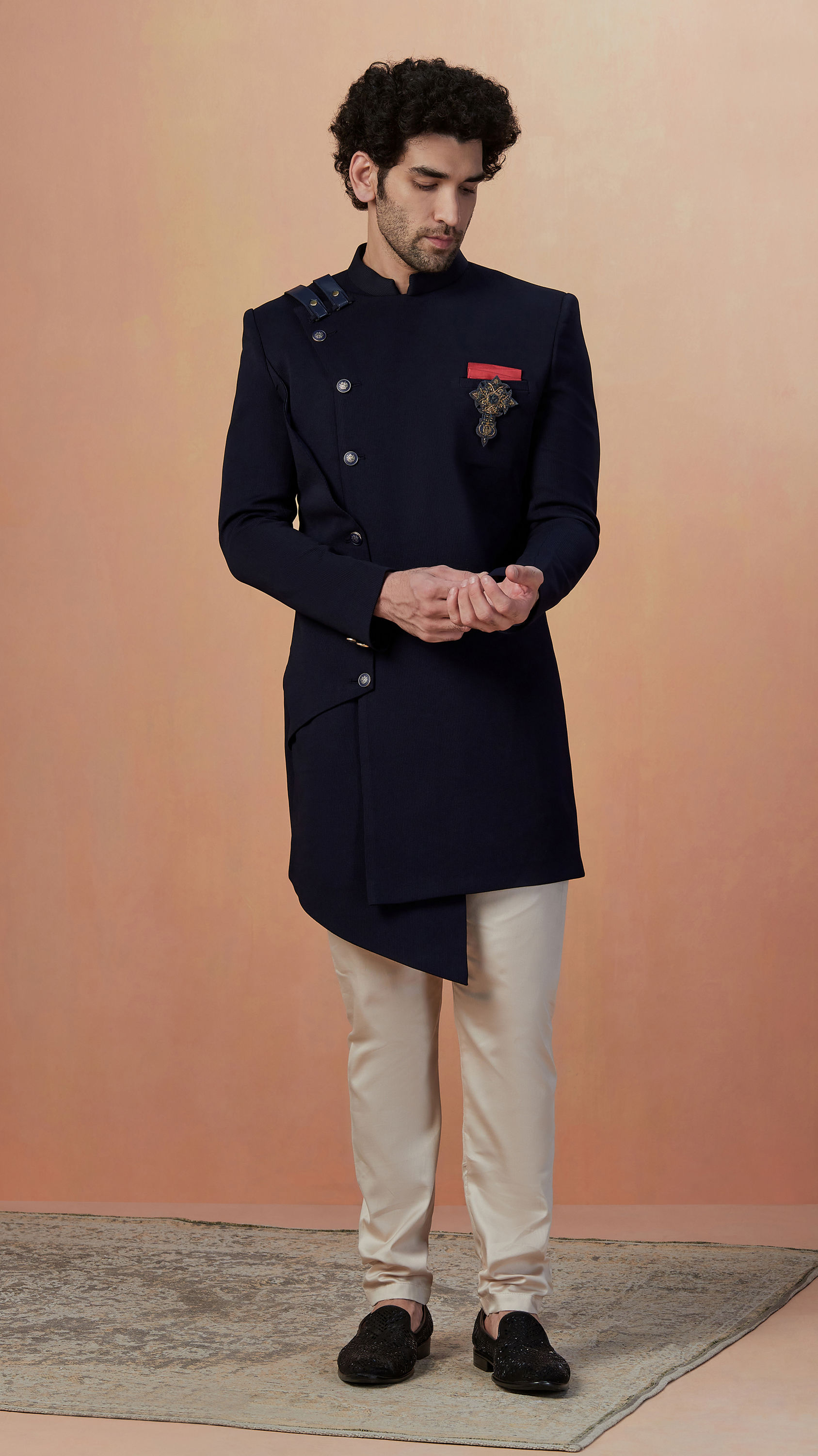 Manyavar Men Dark Blue Achkan Indo Western