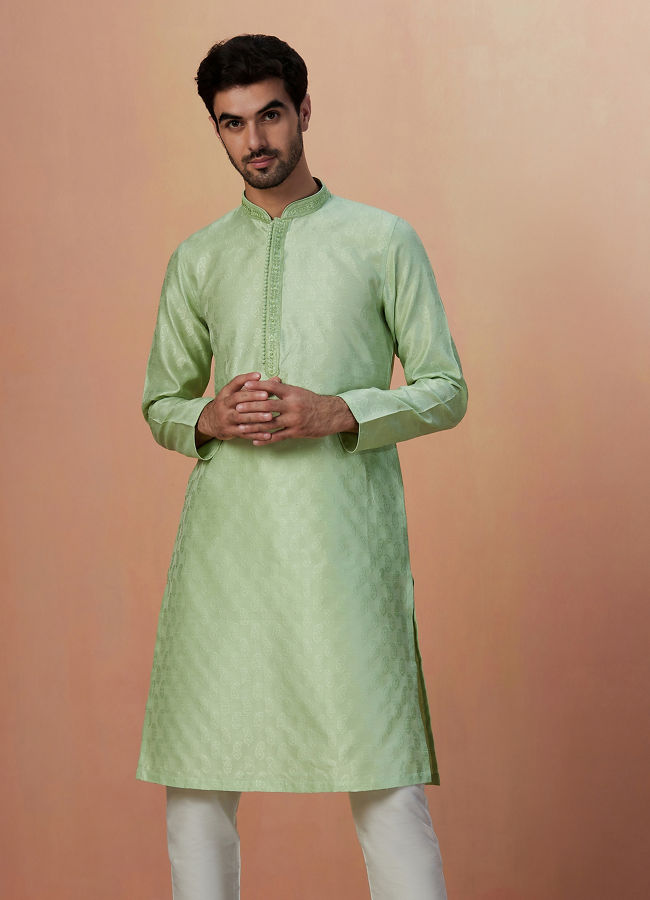 alt message - Manyavar Men Light Green Paisley Kurta Pajama image number 1