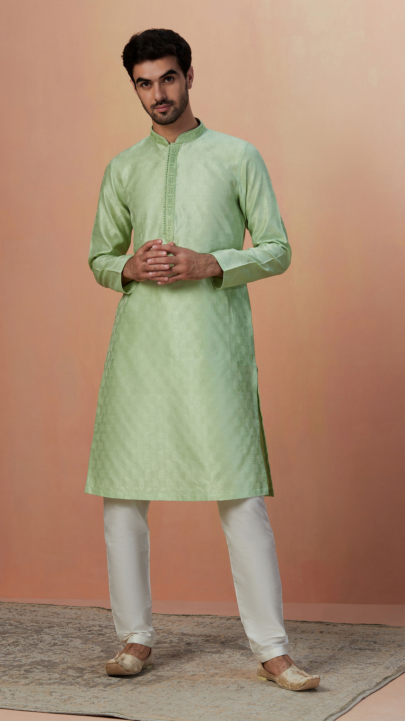 Manyavar Men Light Green Paisley Kurta Pajama