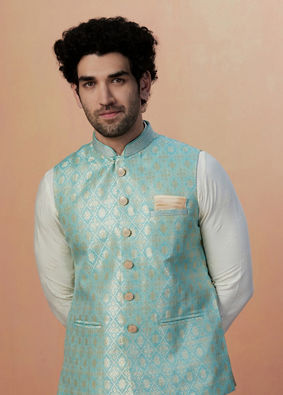 alt message - Manyavar Men Teal Jacket With Golden Motifs image number 0