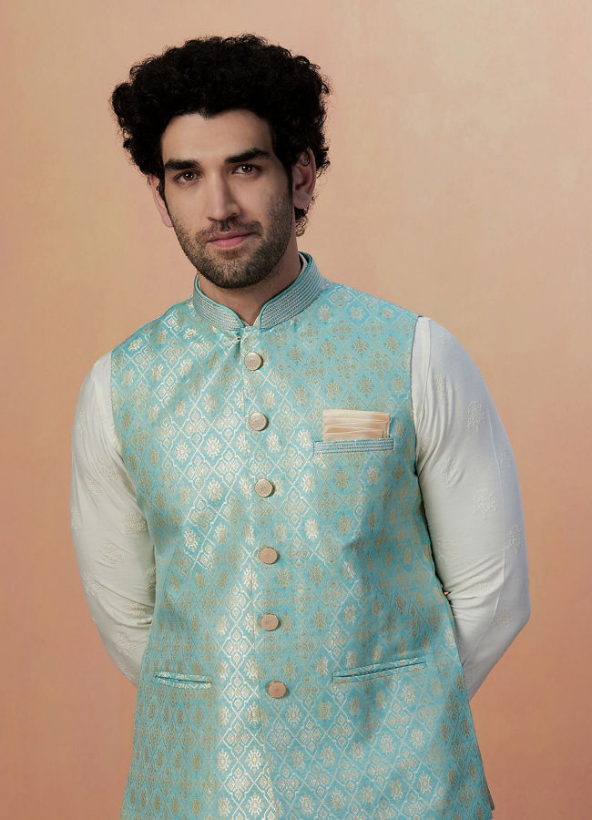 alt message - Manyavar Men Teal Jacket With Golden Motifs image number 0