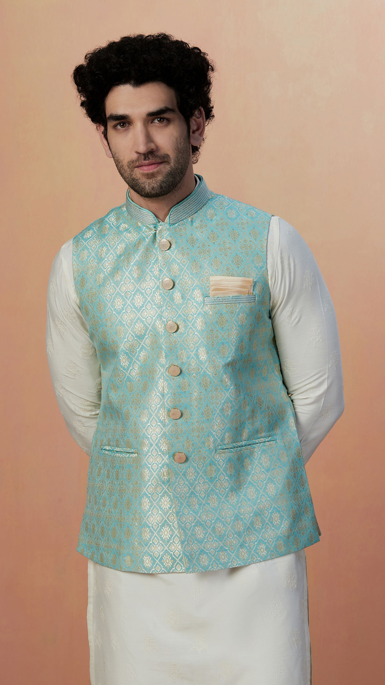 alt message - Manyavar Men Teal Jacket With Golden Motifs image number 0