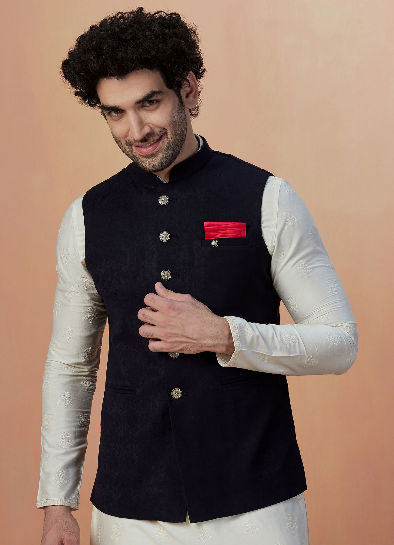 Manyavar Men Dark Blue Self Design Jacket