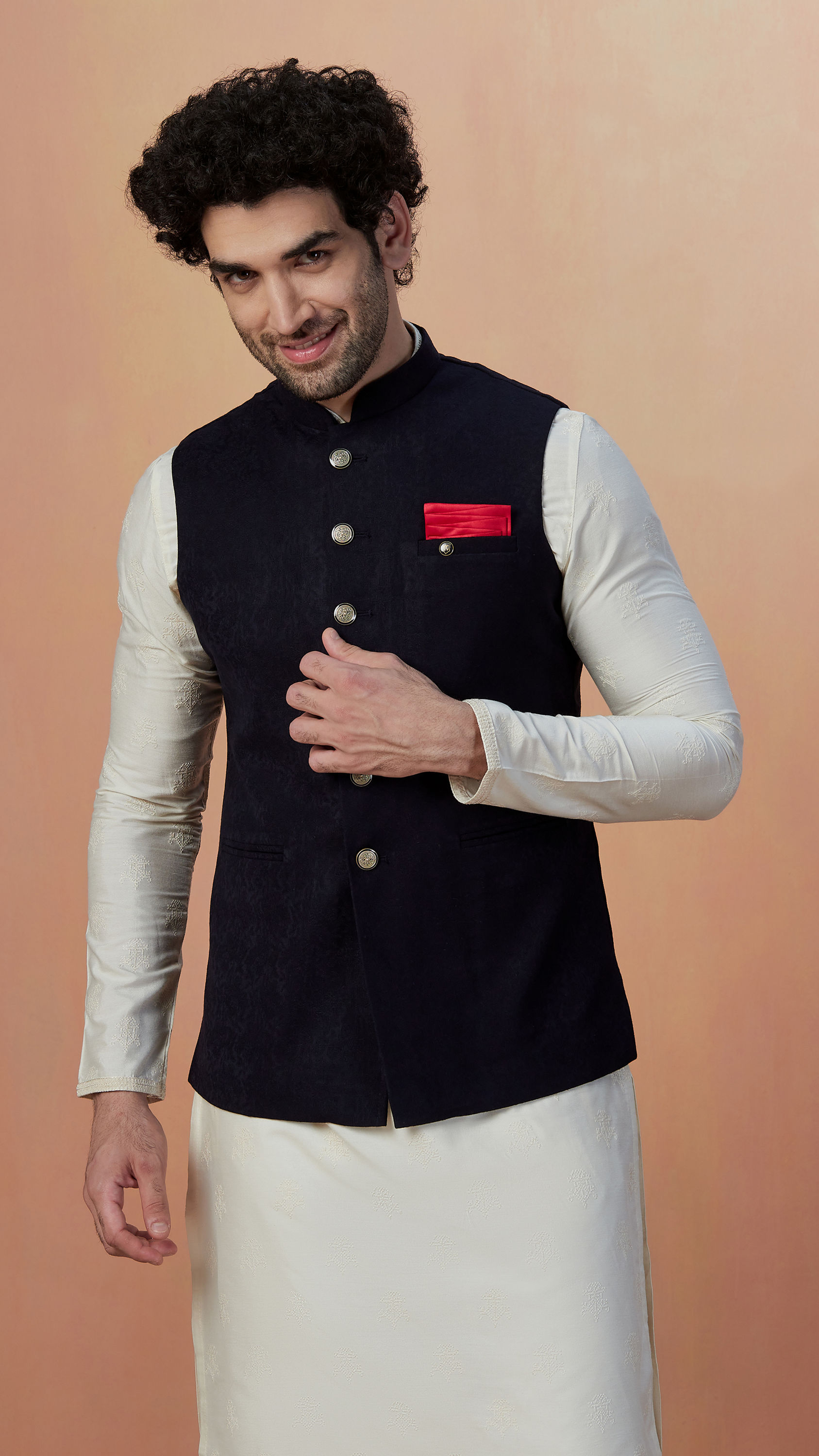 Manyavar Men Dark Blue Self Design Jacket