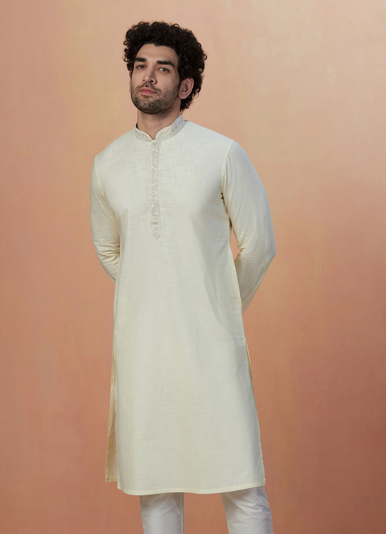 Manyavar Men Light Cream Plain Kurta Pajama