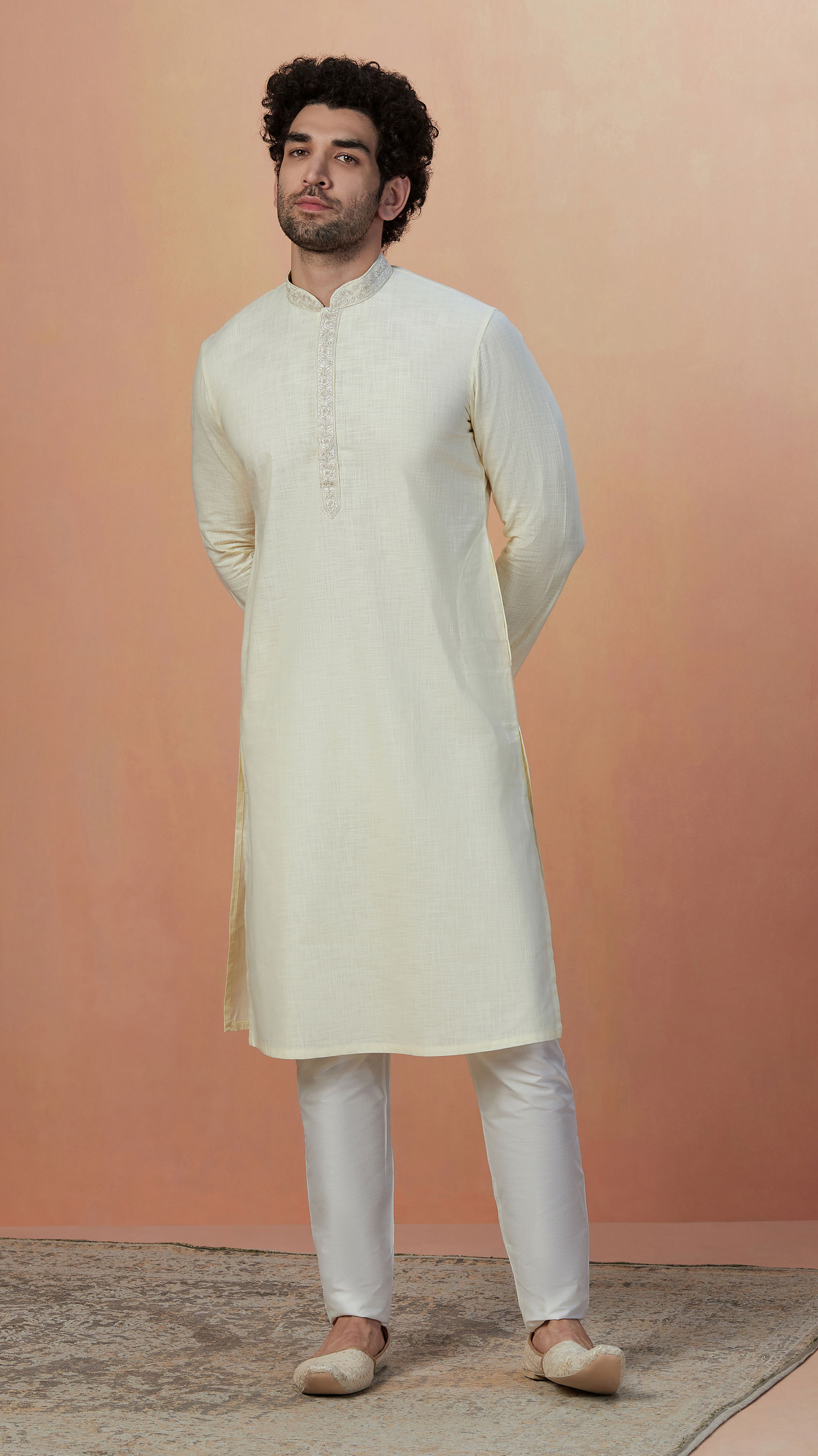 Manyavar Men Light Cream Plain Kurta Pajama