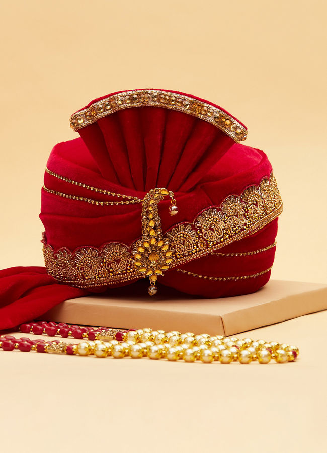 Manyavar Men Red Pink Brooch Embellished Safa