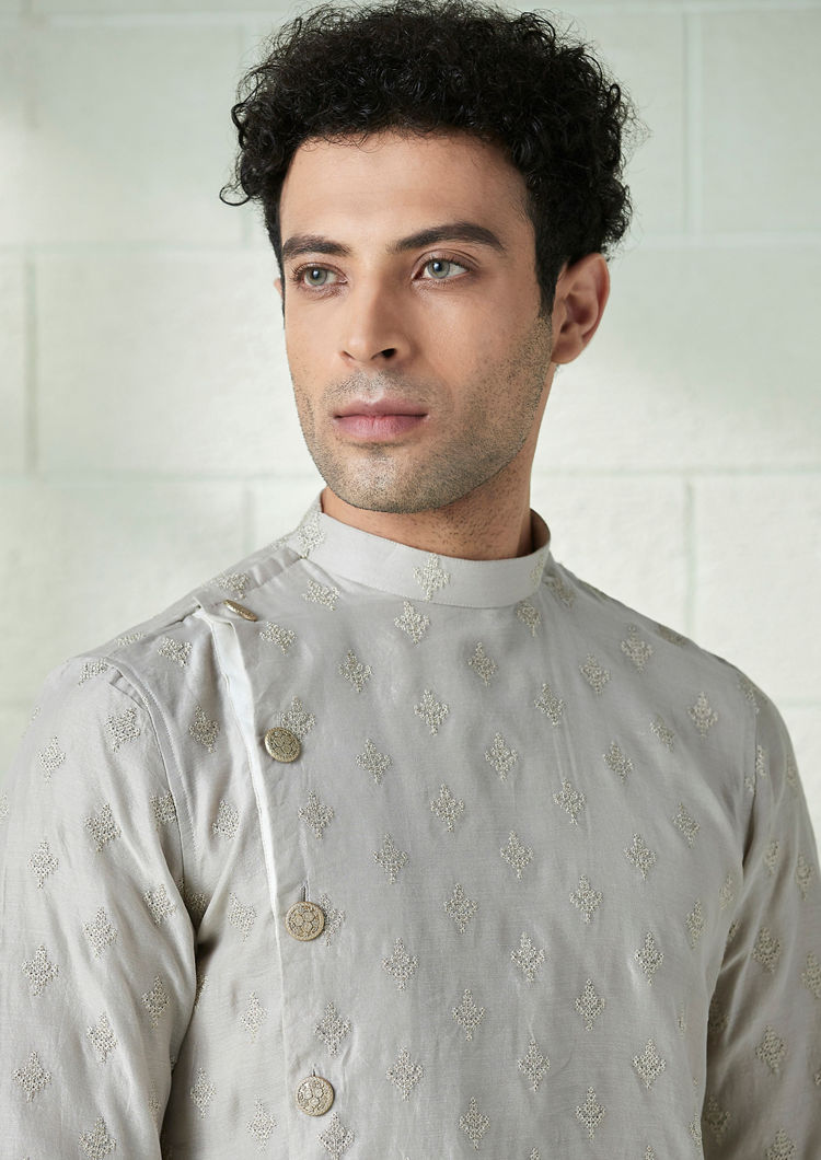 Twamev Men Abalone Grey Angrakha Style Kurta Set