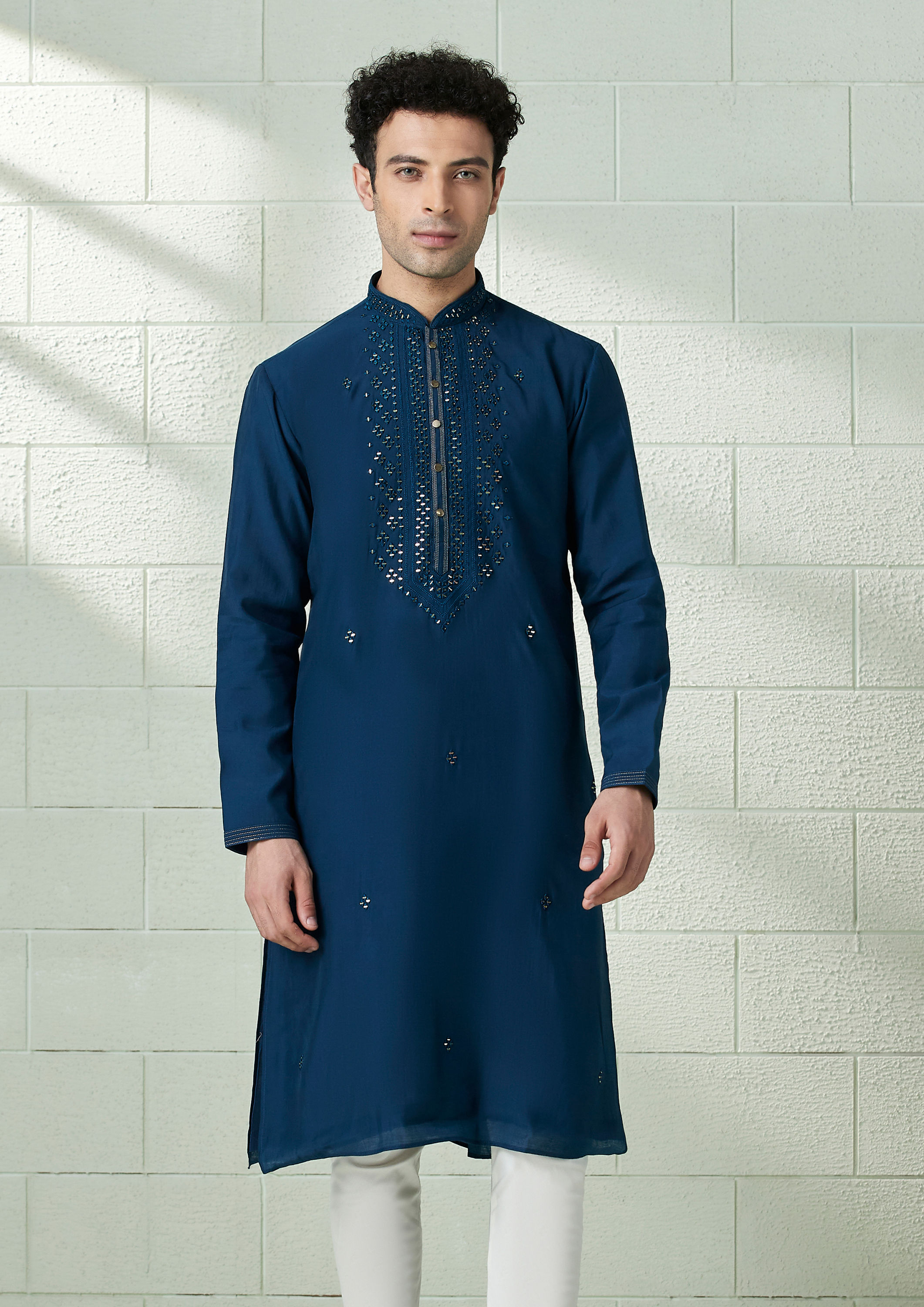 Twamev Men Prussian Blue Mirror Work Kurta Set