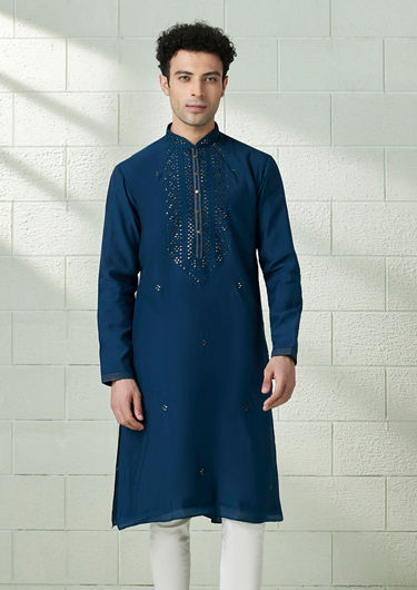 alt message - Twamev Men Prussian Blue Mirror Work Kurta Set image number 1