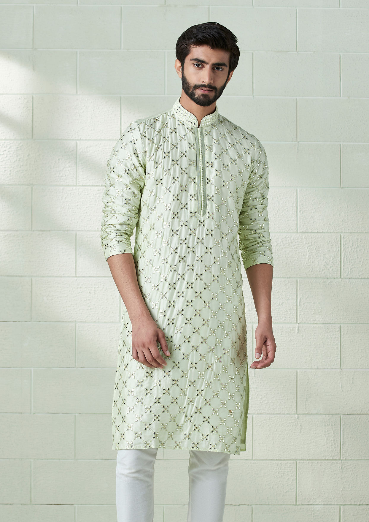 alt message - Twamev Men Mint Green Mirror Work Kurta Set image number 1