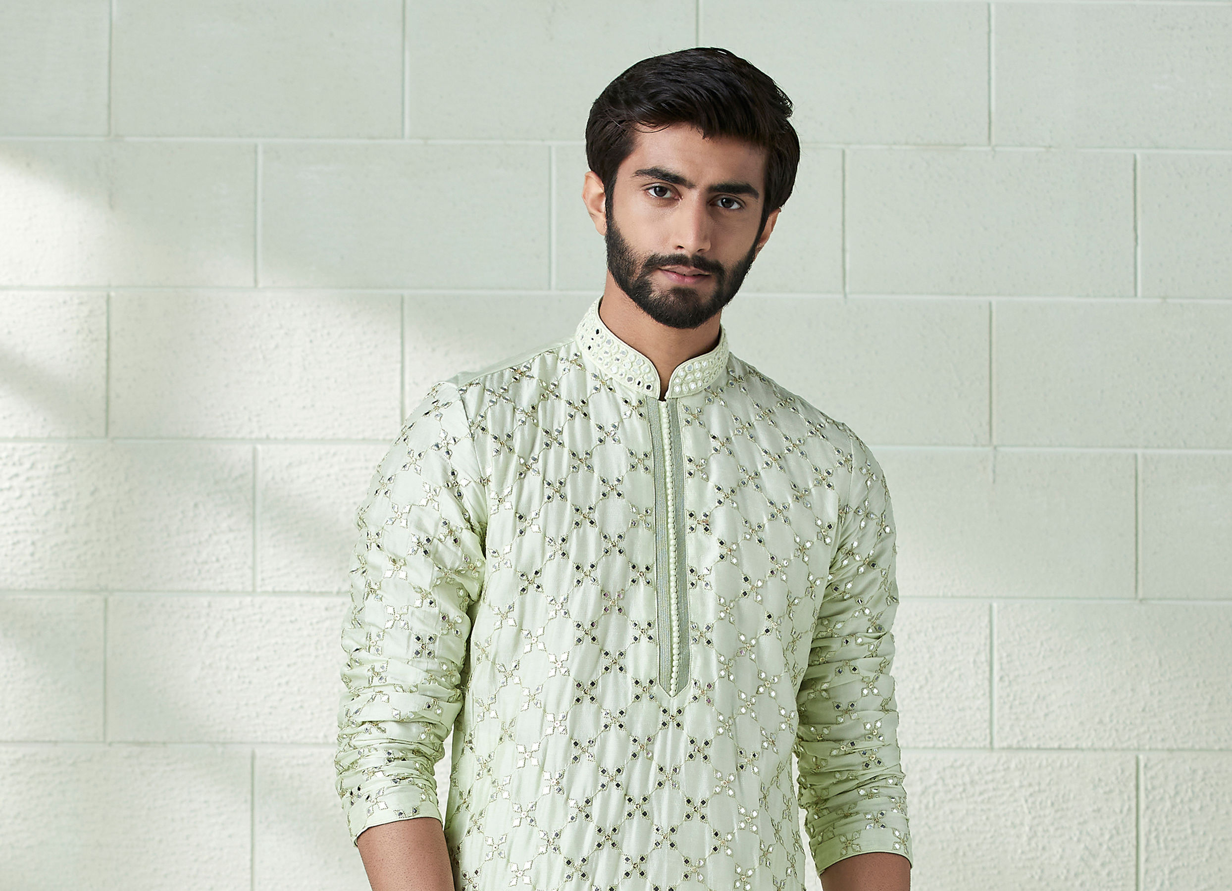 Twamev Men Mint Green Mirror Work Kurta Set