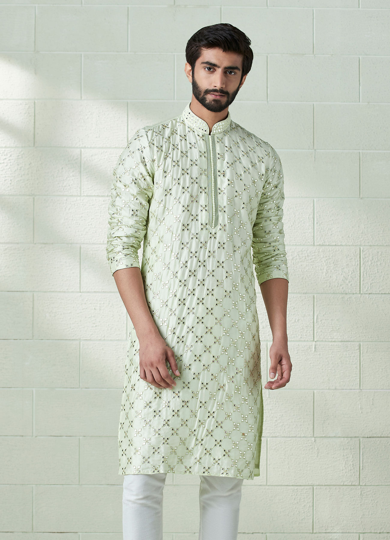 Twamev Men Mint Green Mirror Work Kurta Set