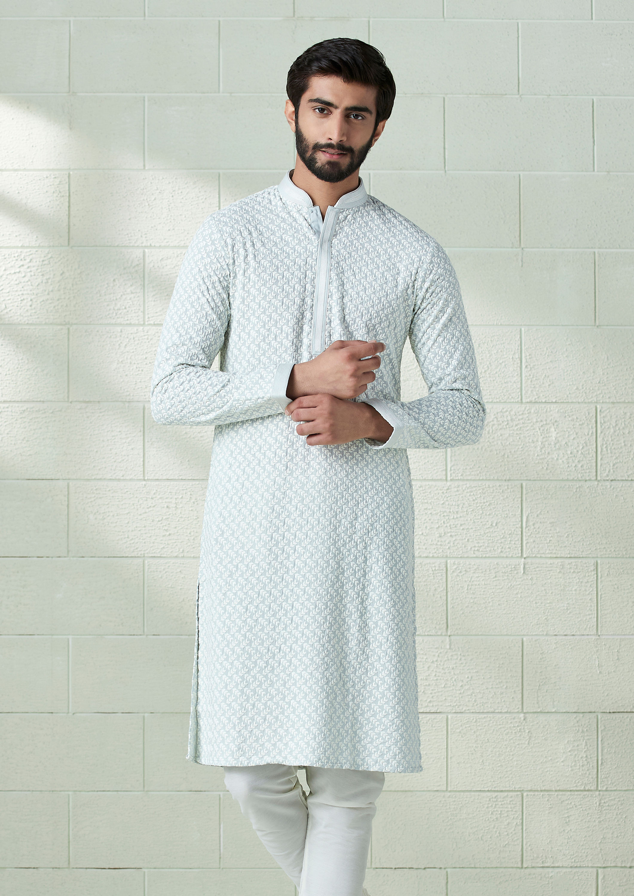 Twamev Men Ice Blue Chikankari Embroidered Kurta Set