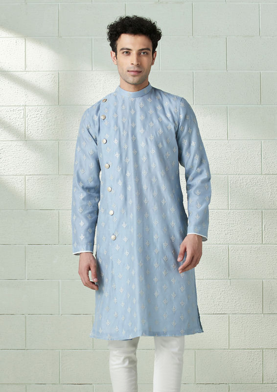 Twamev Men Frost Blue Angrakha Style Kurta Set image number 1