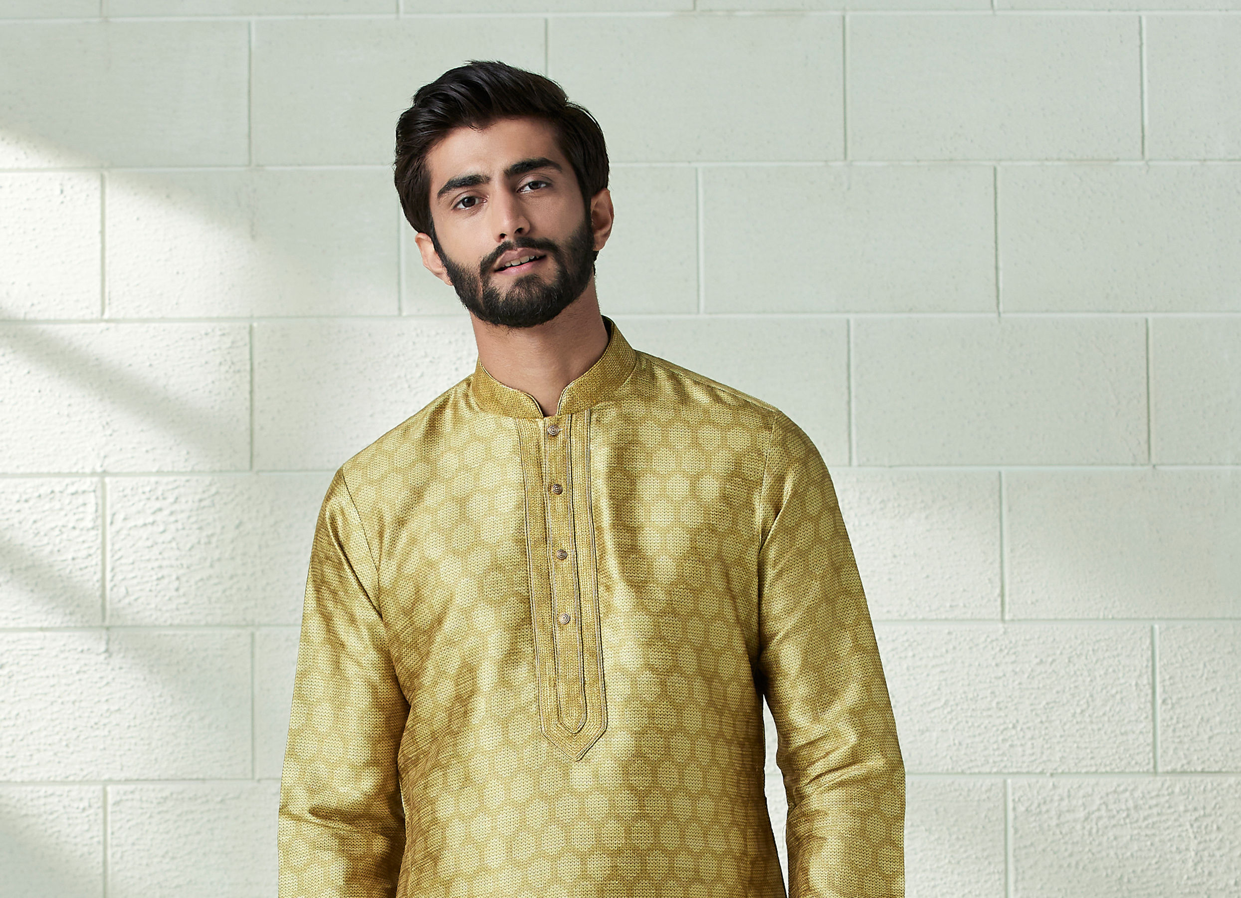 Twamev Men Amber Gold Honeycomb Print Kurta Set