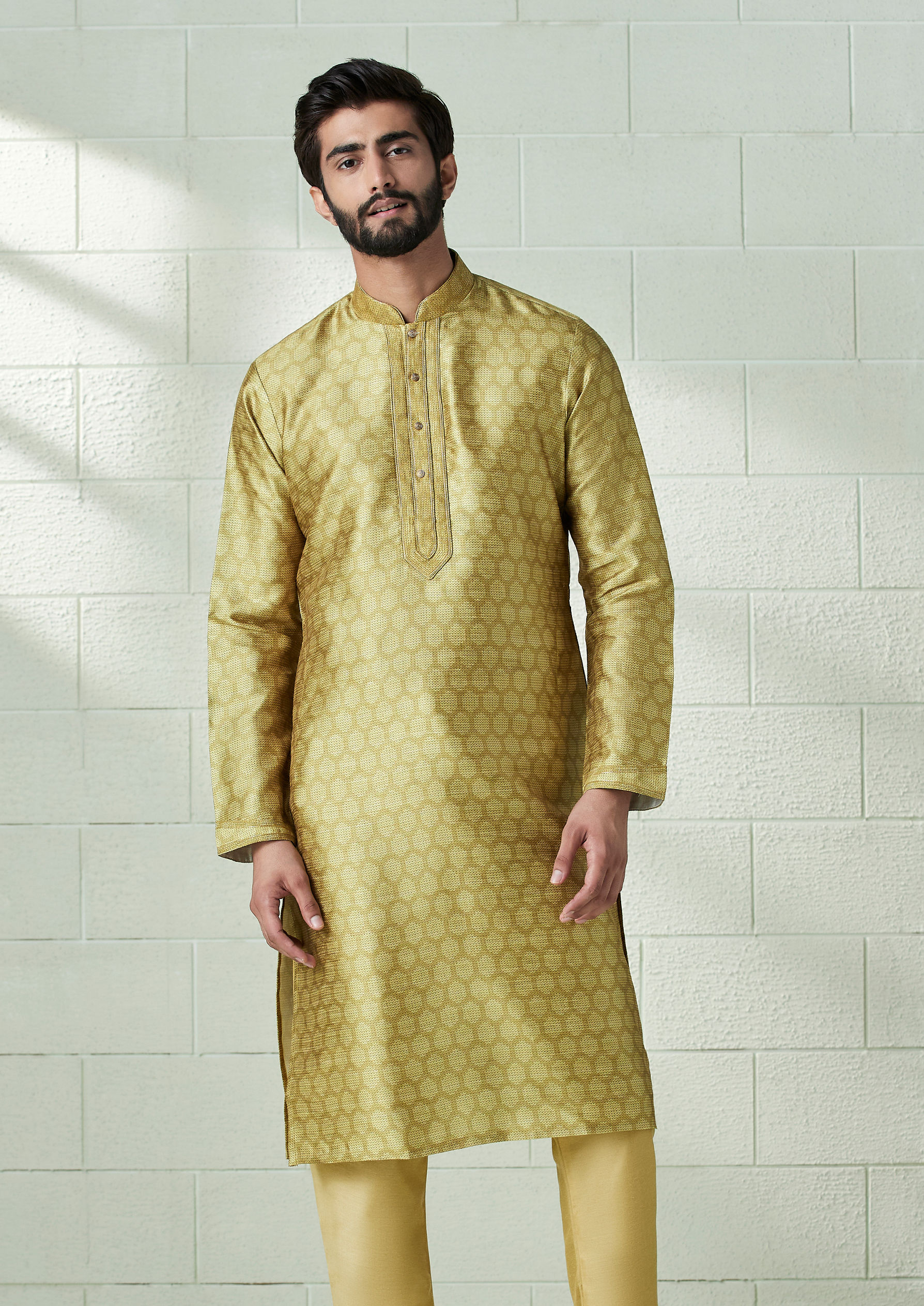 Twamev Men Amber Gold Honeycomb Print Kurta Set