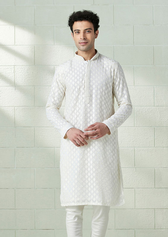 Twamev Men Powder White Chikankari Embroidered Kurta Set image number 1