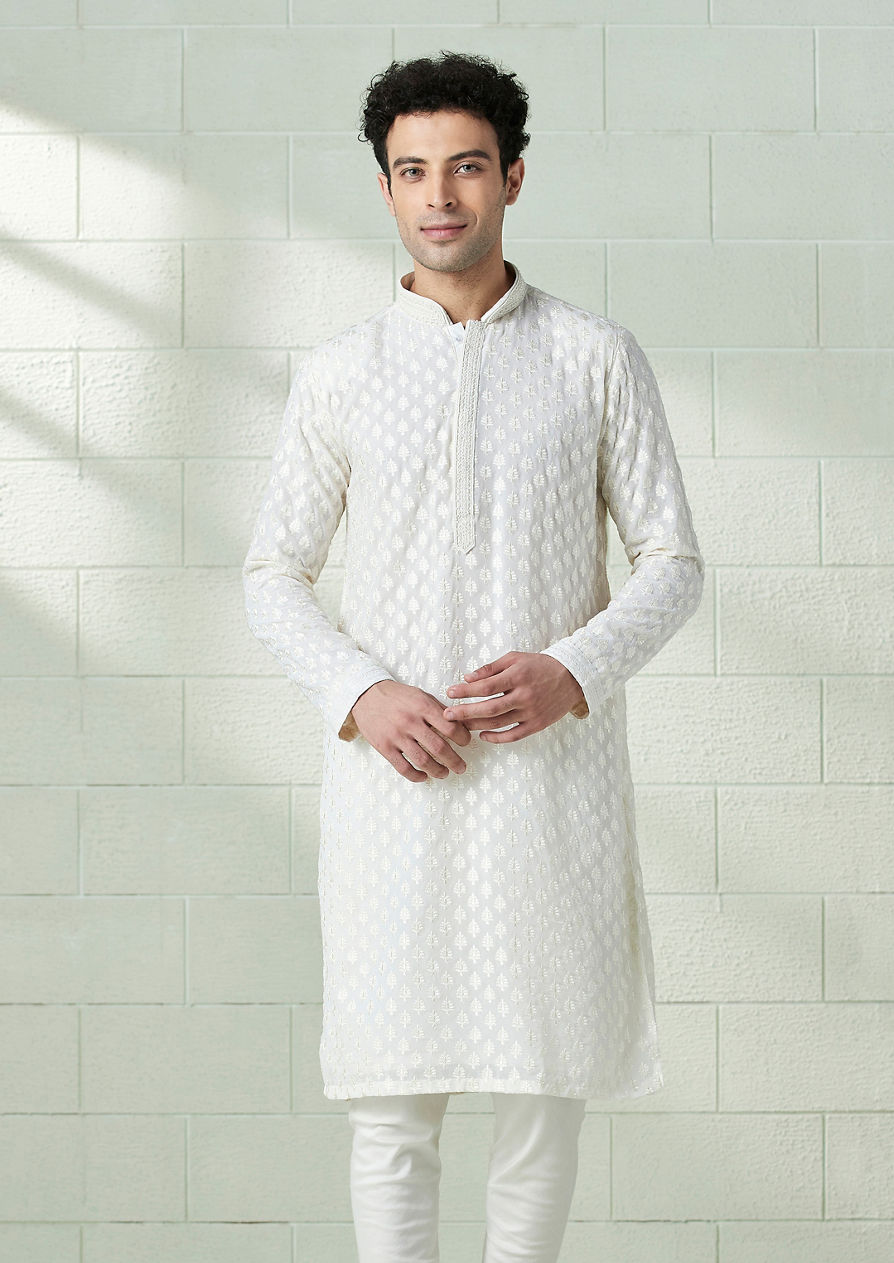 alt message - Twamev Men Powder White Chikankari Embroidered Kurta Set image number 1