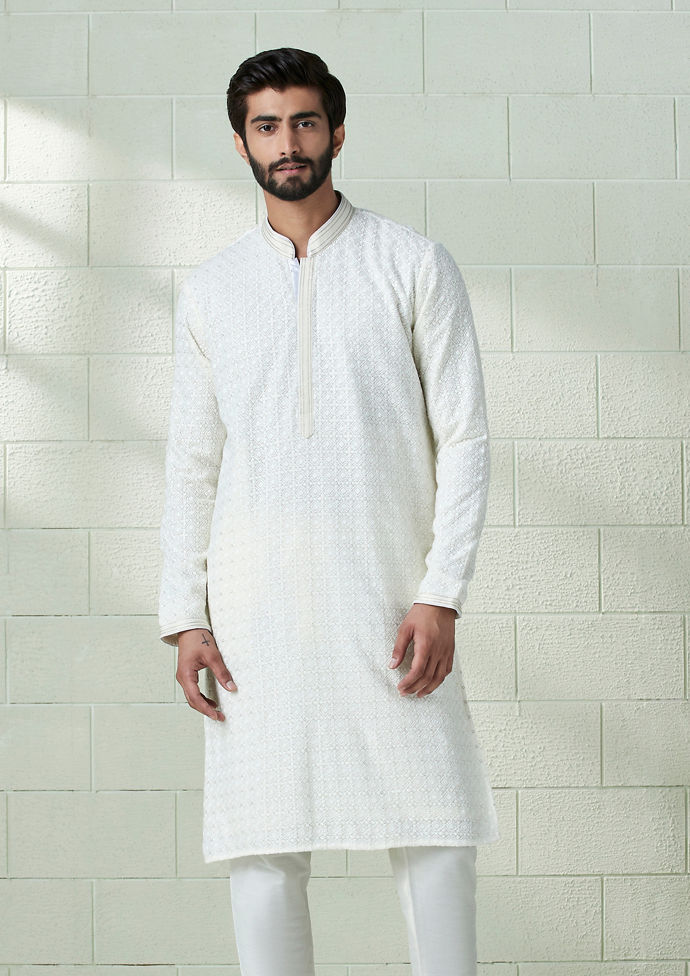 Twamev Men Daisy White Chikankari Kurta Set