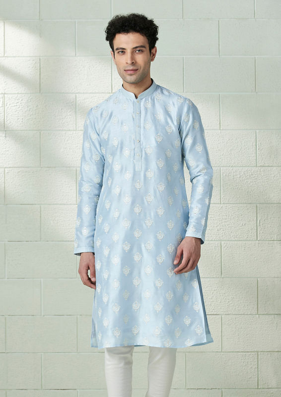Twamev Men Crystal Blue Patterned Kurta Set