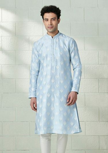 alt message - Twamev Men Crystal Blue Patterned Kurta Set image number 1