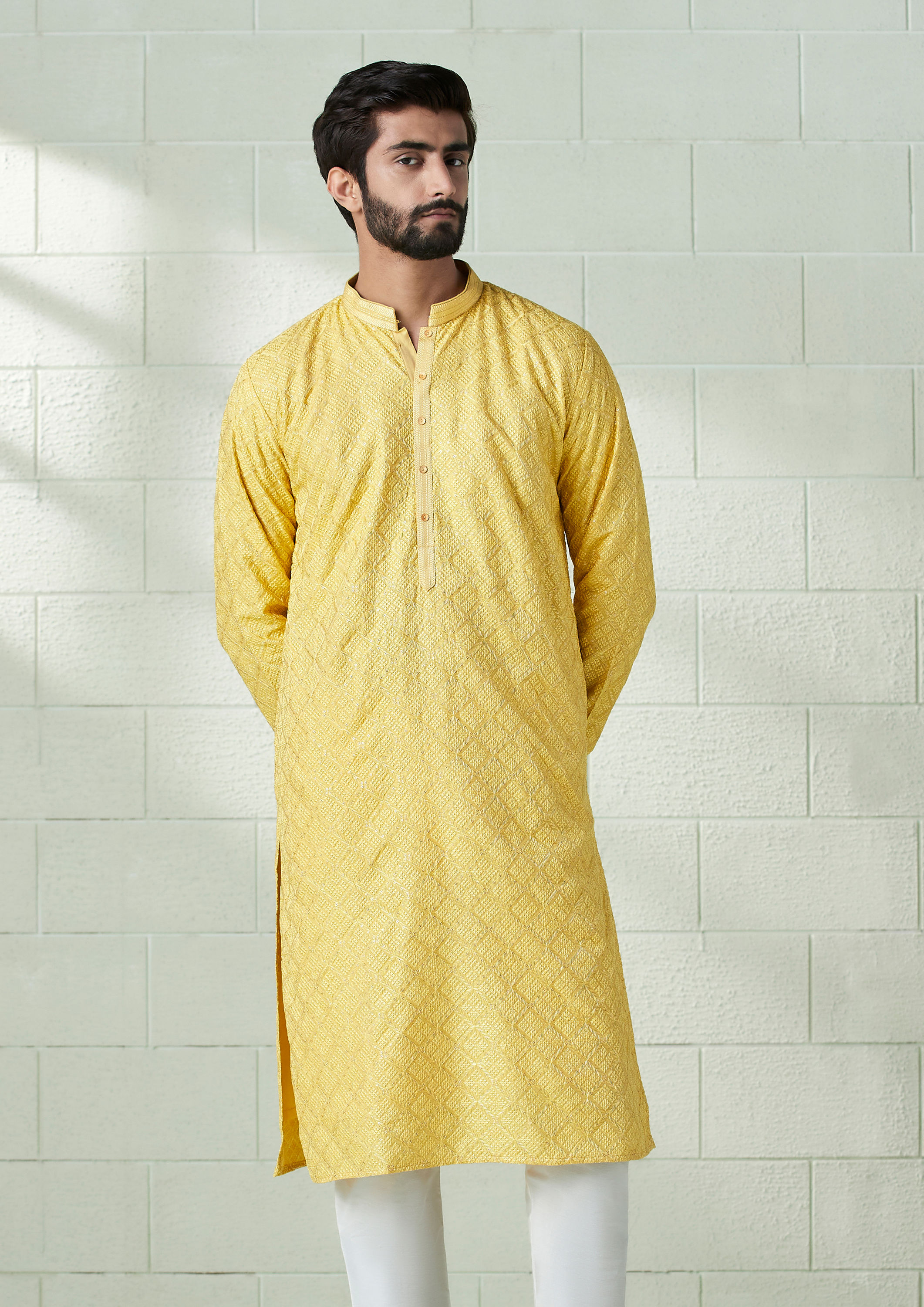Twamev Men Daffodil Yellow Patterned Kurta Set