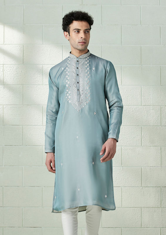 Twamev Men Eggshell Blue Mirror Embellished Kurta Set