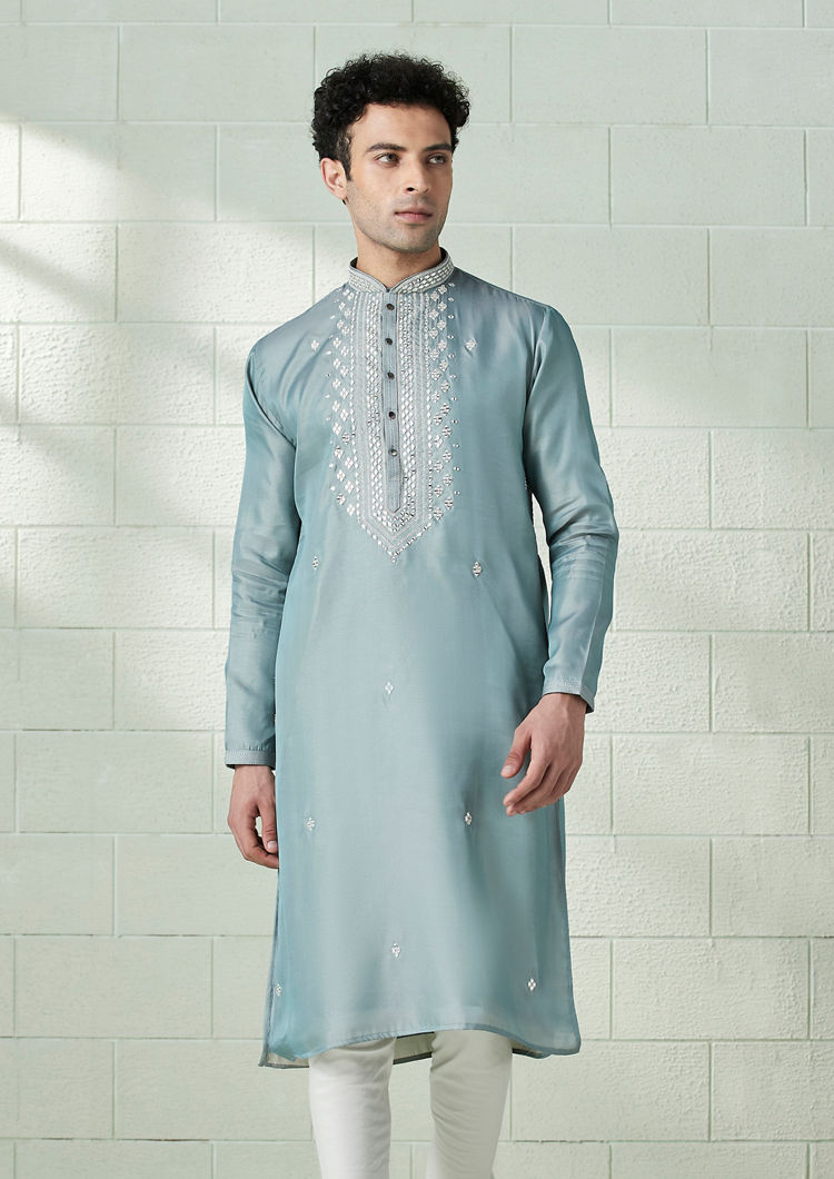 Twamev Men Eggshell Blue Mirror Embellished Kurta Set