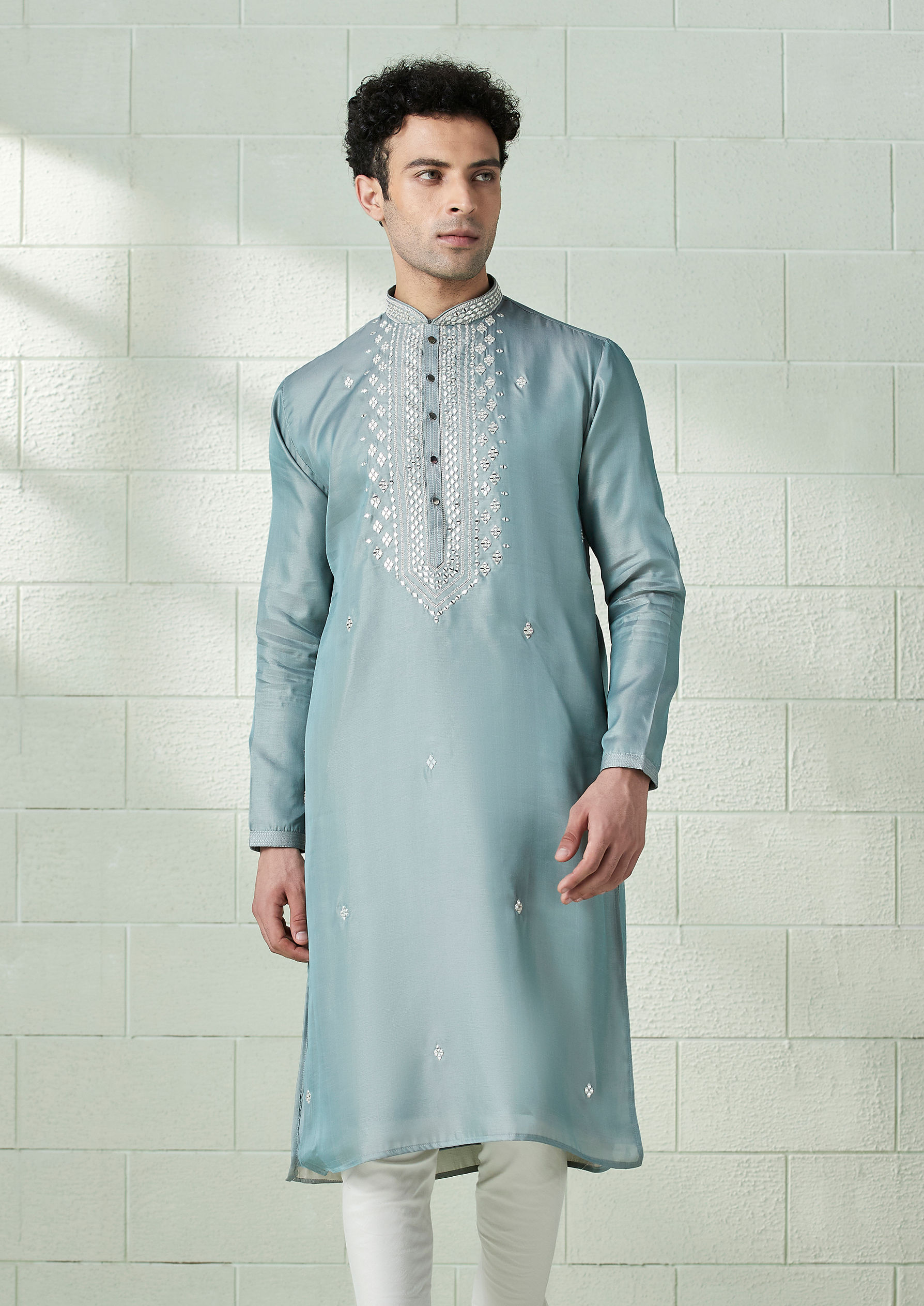 Twamev Men Eggshell Blue Mirror Embellished Kurta Set