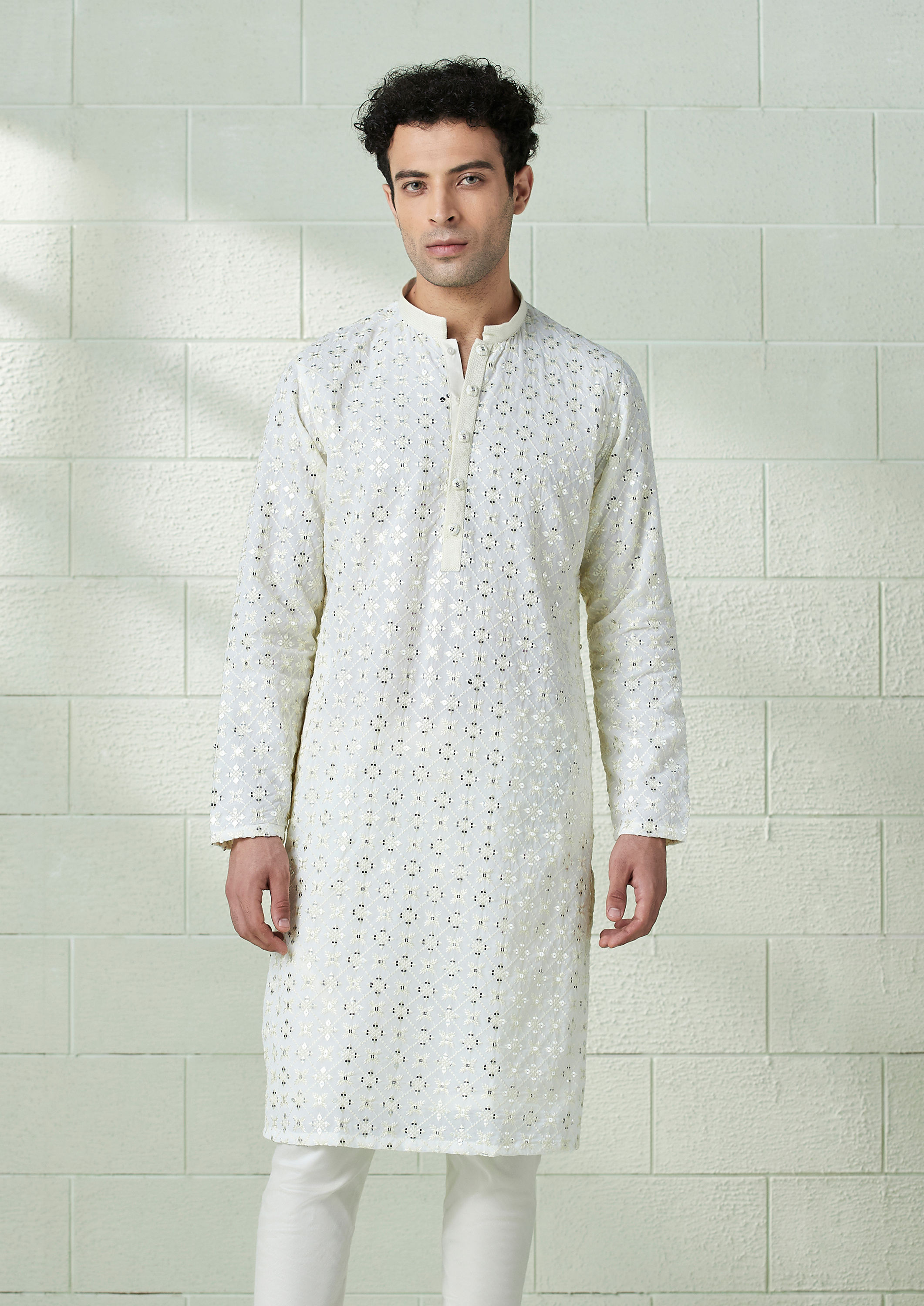 Twamev Men Pearl White Chikankari Embroidered Kurta Set