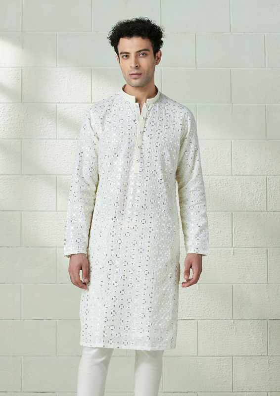 Twamev Men Pearl White Chikankari Embroidered Kurta Set