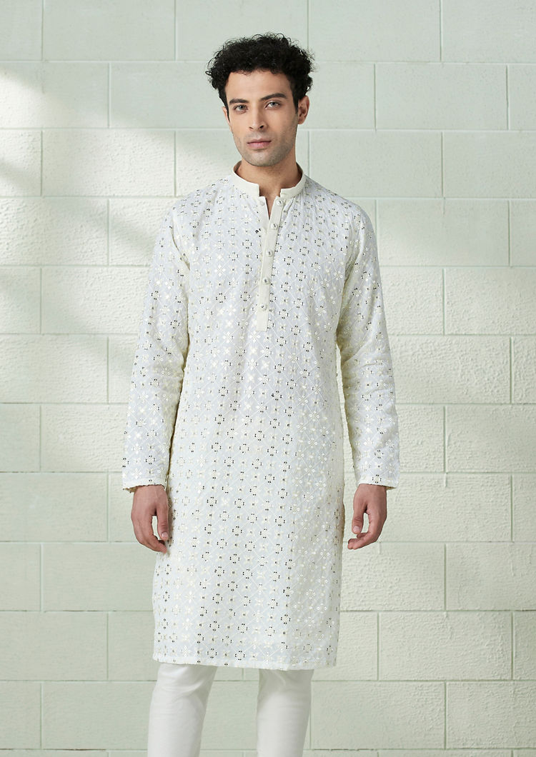 Twamev Men Pearl White Chikankari Embroidered Kurta Set