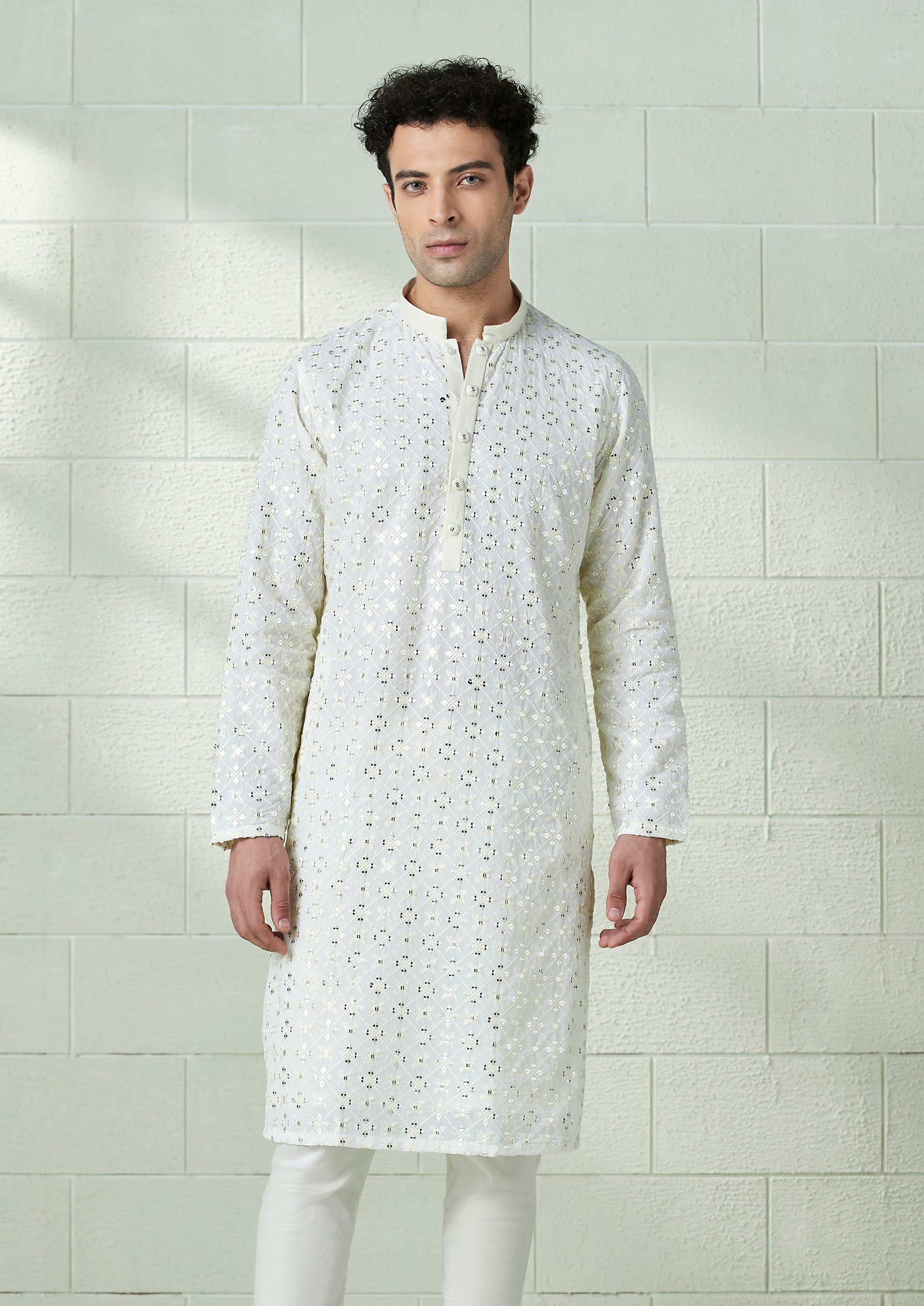 Twamev Men Pearl White Chikankari Embroidered Kurta Set