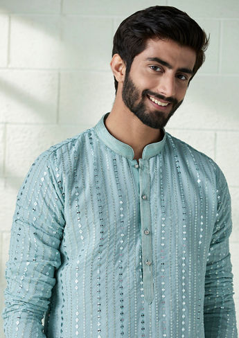 alt message - Twamev Men Powder Blue Foil Work Kurta Set image number 0