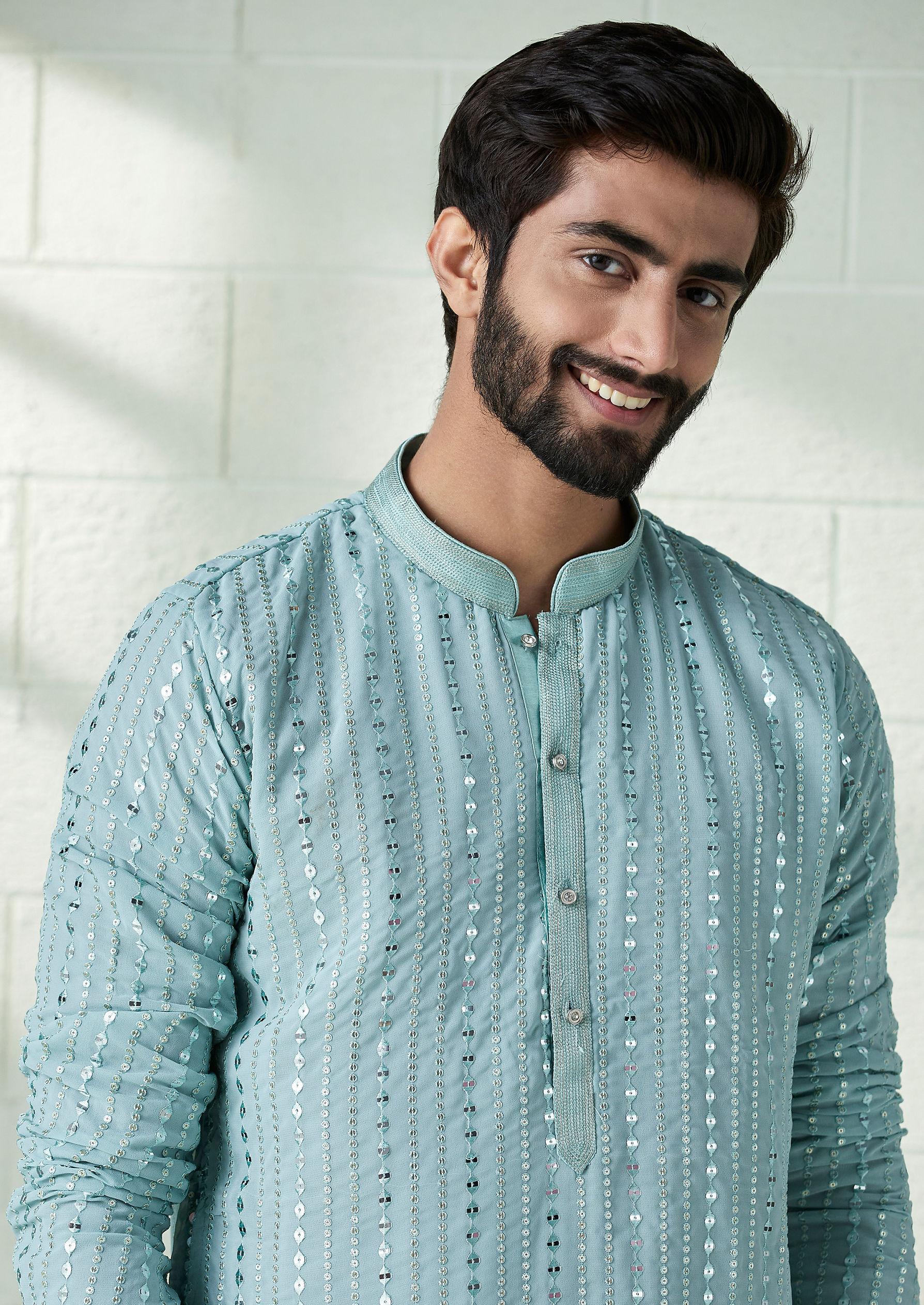 Twamev Men Powder Blue Foil Work Kurta Set