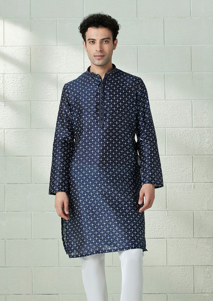Twamev Men Estate Blue Contrast Print Kurta Set