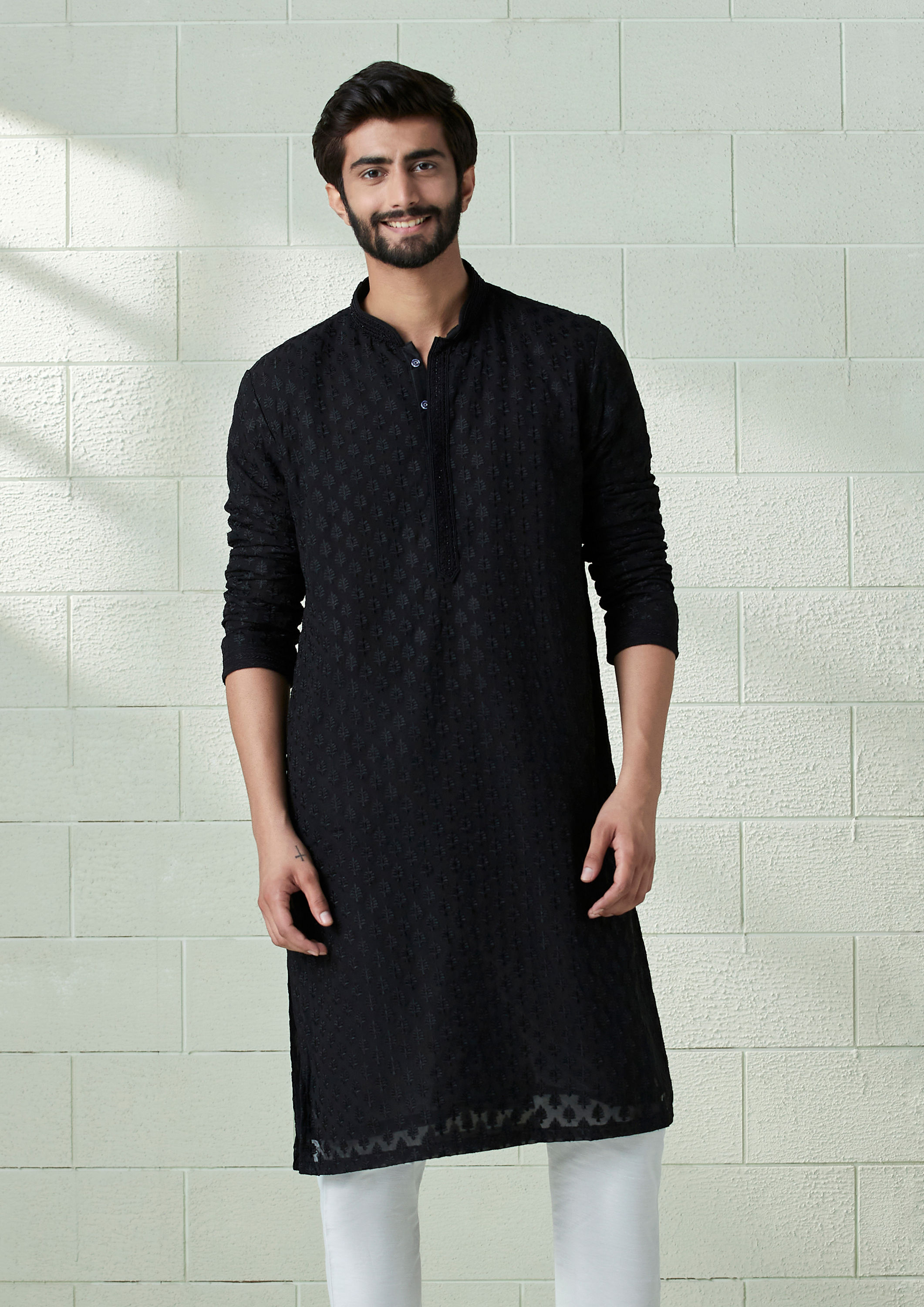 Twamev Men Onyx Black Allover Embroidered Kurta Set