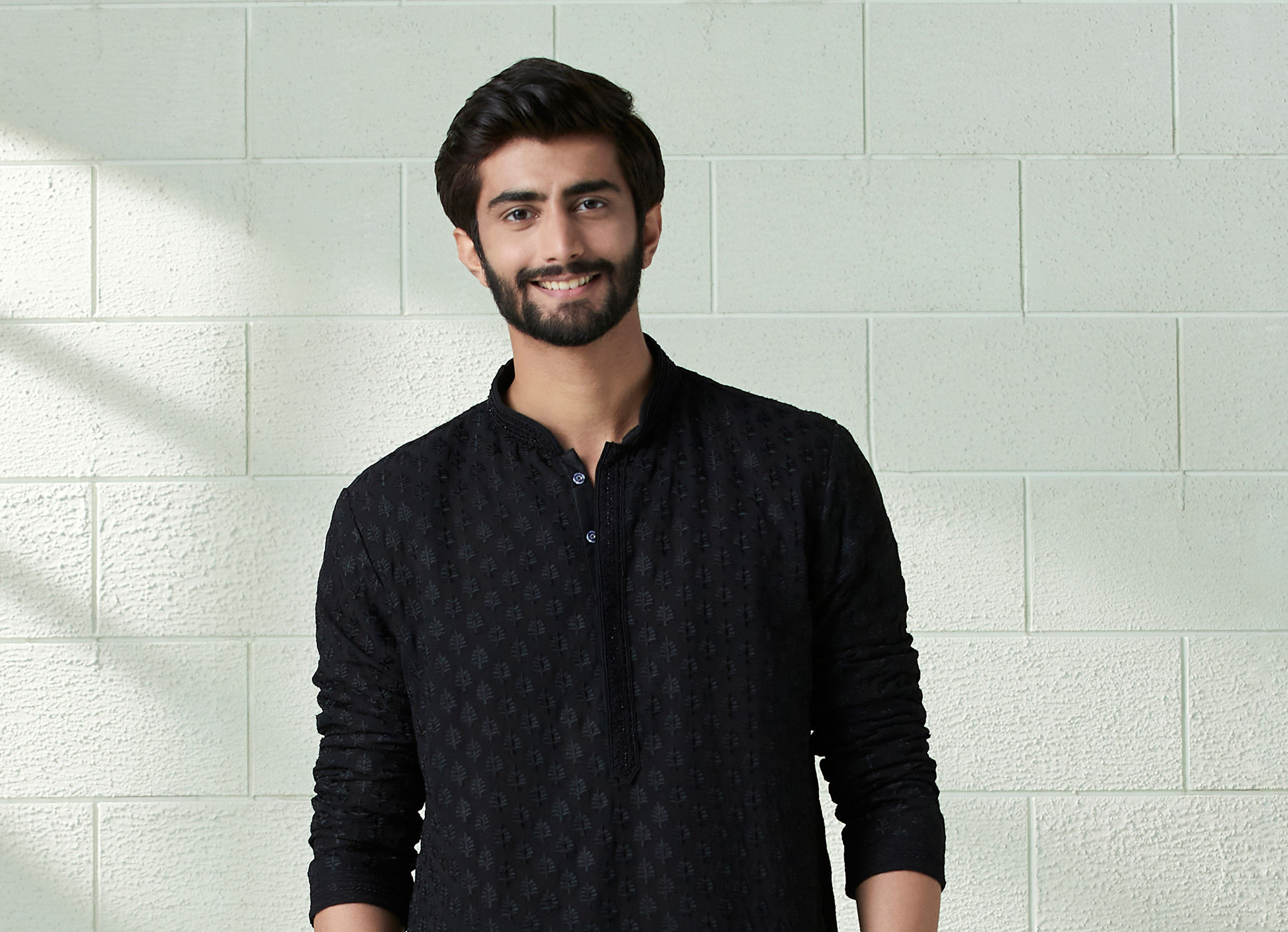 Twamev Men Onyx Black Allover Embroidered Kurta Set