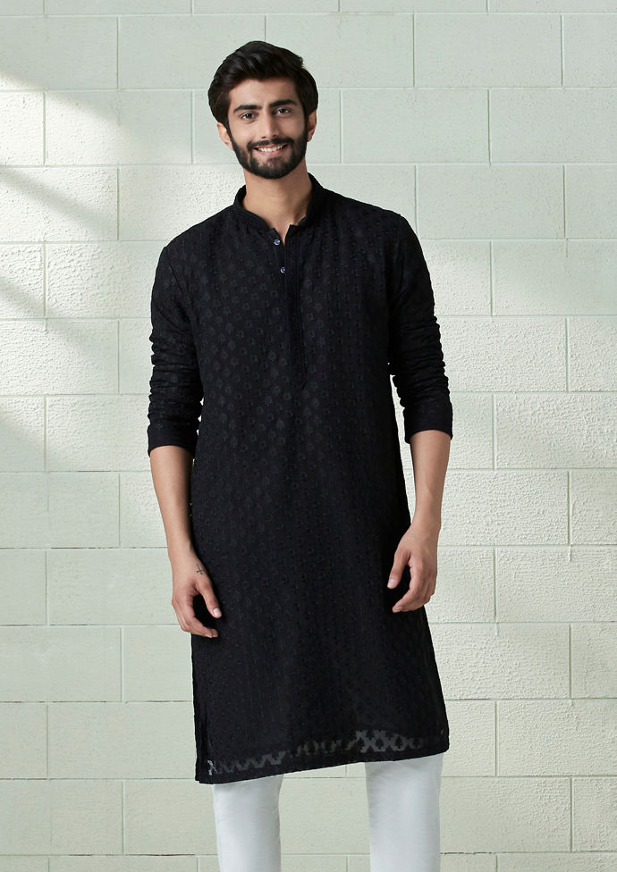 Twamev Men Onyx Black Allover Embroidered Kurta Set