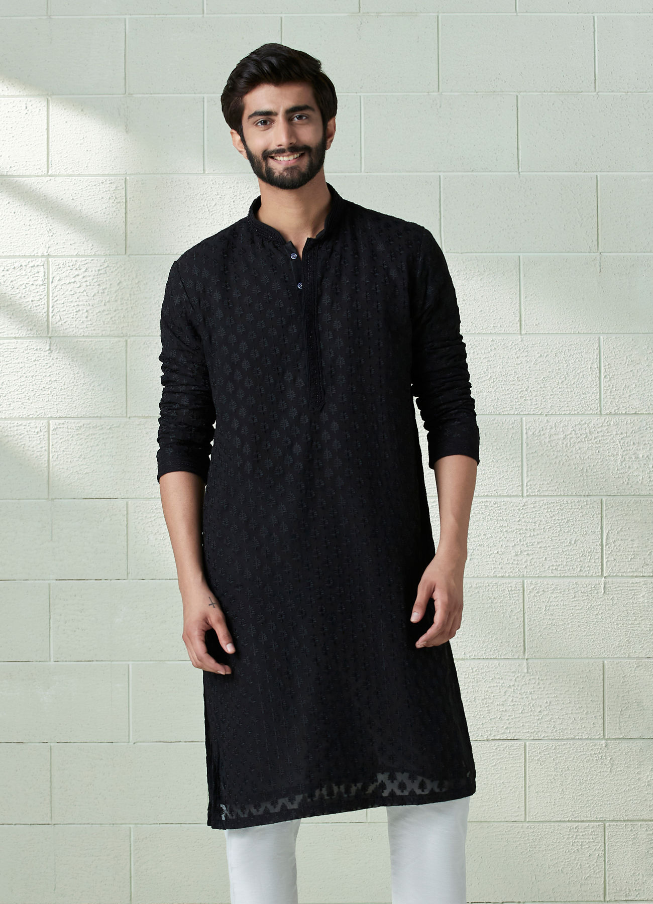 Twamev Men Onyx Black Allover Embroidered Kurta Set