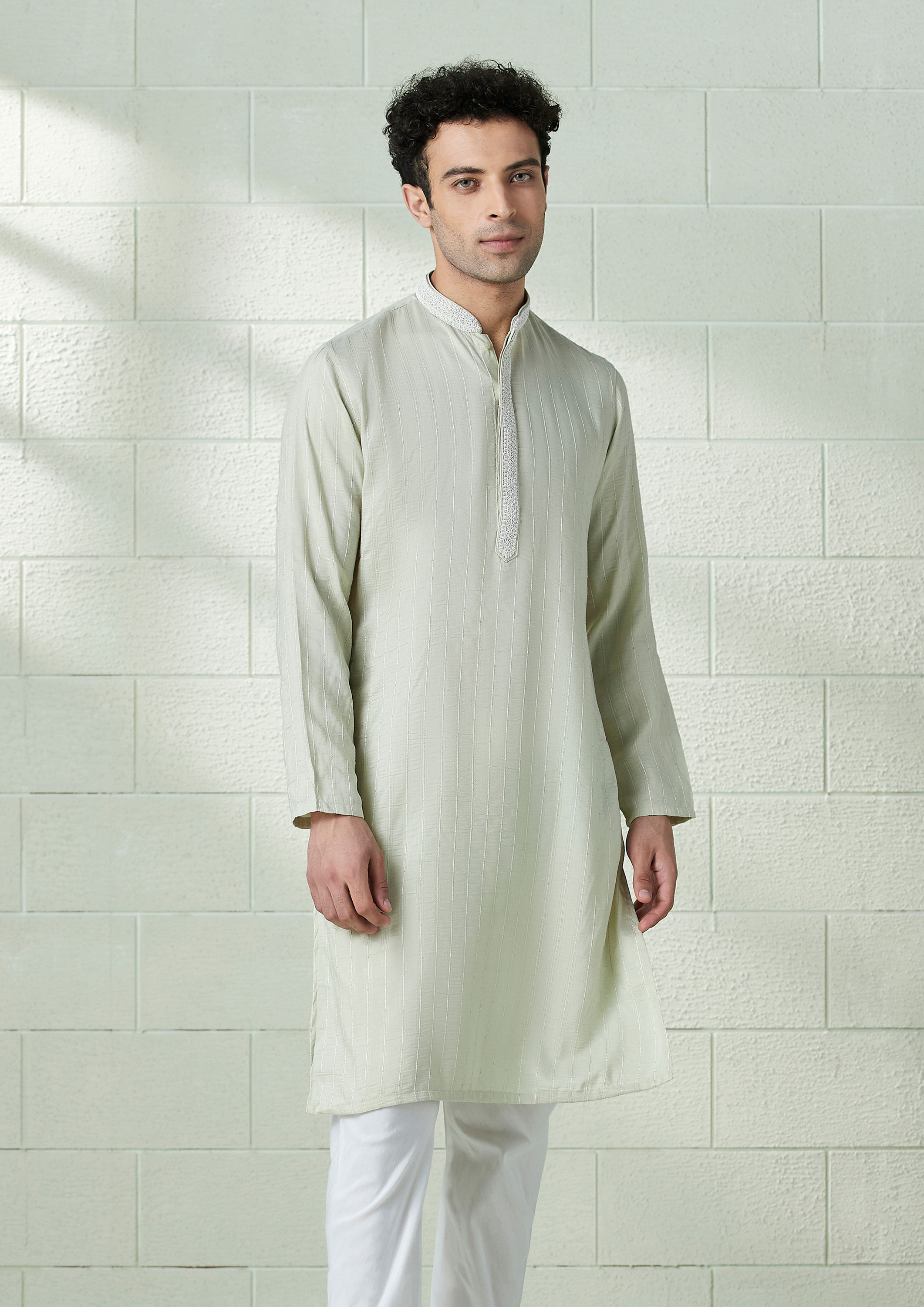 Twamev Men Pistachio Green Jacquard Weave Kurta Set image number 1