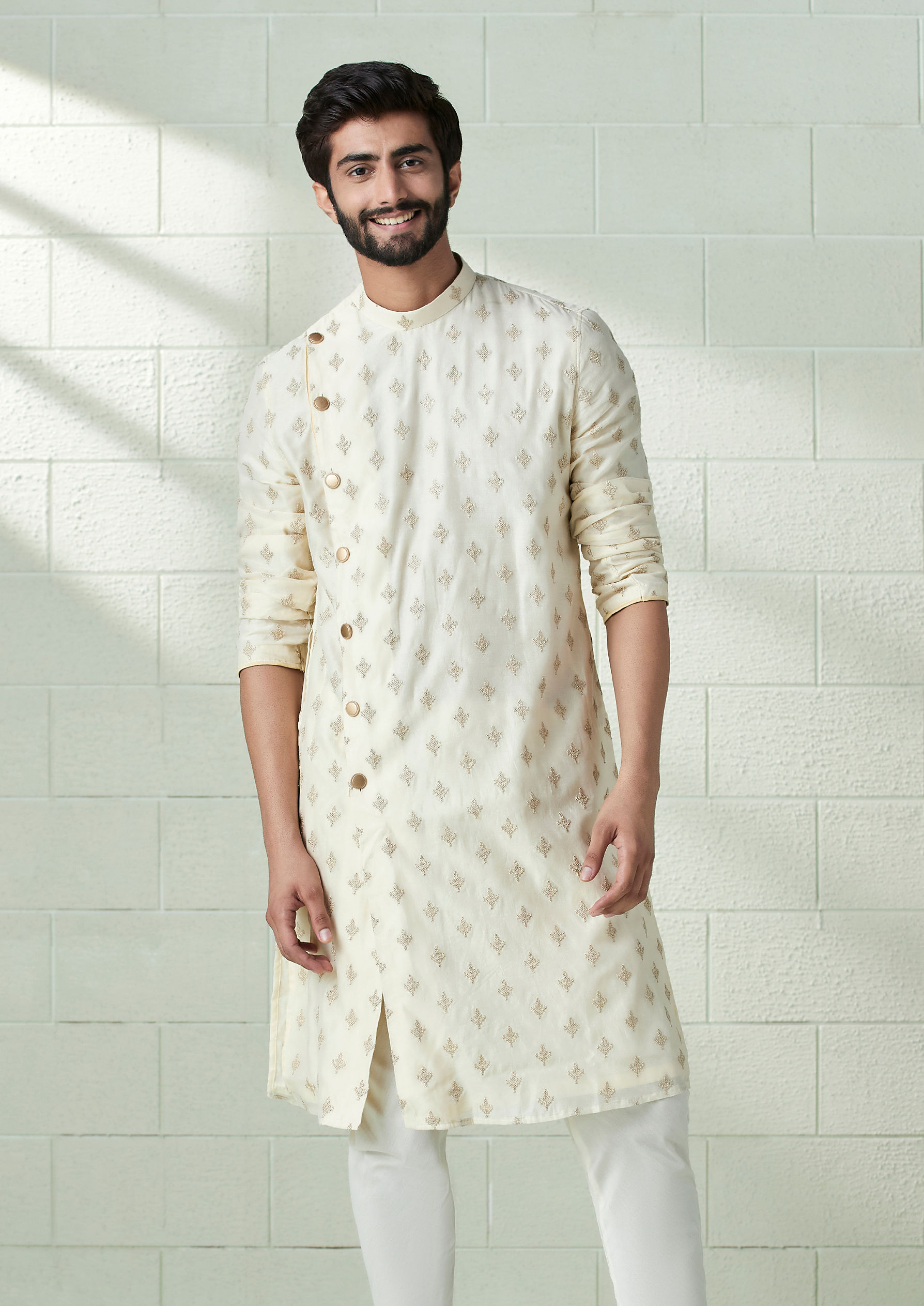 Twamev Men Cream and Biscuit Beige Angrakha Style Kurta Set